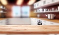 A blurry workplace in the kitchen with an empty wooden countertop in front of, generative AI Royalty Free Stock Photo