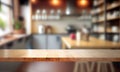 A blurry workplace in the kitchen with an empty wooden countertop in front of, generative AI Royalty Free Stock Photo