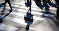 Blurry zebra crossing with pedestrians making long shadows