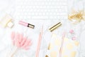 Blush and gold feminine desktop. Flat lay