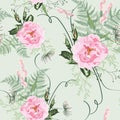 Blush pink bouquets on light green background. Seamless pattern with delicate wild roses flowers and herbs Royalty Free Stock Photo