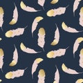 Blush pink feathers with gold endings seamless pattern.