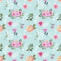 Pastel pink floral seamless pattern on blue background. Watercolor pretty hand painted flowers and leaves print Royalty Free Stock Photo