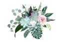 Blush pink rose, blue echeveria succulent, dusty flowers, eucalyptus, calathea