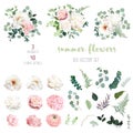 Blush pink rose and sage greenery, ivory peony, hydrangea, ranunculus flowers Royalty Free Stock Photo