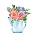 Blush Pink Roses And Blue Hydrangea Floral Bouquet In A Antique Enamelware Kettle Vase, Isolated On White Background.Hand Painted