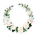 Blush pink roses, hydrangea, dahlia, white peony vector design invitation frame