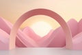 Blush pink round arch on the pastel sunset landscape background. Atmospheric escapism installation for showcase and display