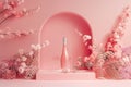 Blush tones and blossoms: celebratory bottle amidst a floral display in a pastel setting