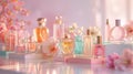 Blushing Beauty Against a sea of pastelcolored podiums sits a vanity table adorned with an array of vintage perfume