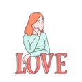 Blushing girl dreaming of love. Flat style vector clipart illustration isolated on white background.