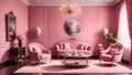 Blushing Harmony: A Living Room with Two Chairs and a Tea Table in Pink-Tinted Splendor