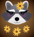 Blushing Raccoon Girl with Sunflowers Isolated on Brown wtith Clipping Path