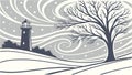 Blustery Winter Landscape with Lighthouse and Bare Tree, vector design Generative AI Royalty Free Stock Photo