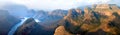 Blyde River Canyon blue lake, Three Rondavels and God`s Window, Drakensberg Mountains national park panorana on beautiful sunset Royalty Free Stock Photo