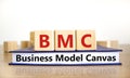 BMC business model canvas symbol. Concept words BMC business model canvas on wooden cubes on book on a beautiful white background Royalty Free Stock Photo