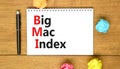 BMI big mac index symbol. Concept words BMI big mac index on white note on a beautiful wooden table wooden background. Pen. Royalty Free Stock Photo