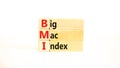 BMI big mac index symbol. Concept words BMI big mac index on wooden blocks on a beautiful white table white background. Business Royalty Free Stock Photo