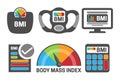 BMI Body Mass Index Calculation Gray Illustration Icon Set with BMI Machine, Scale Measuring and Health, BMI Calculator Icons