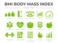 BMI Body Mass Index Icon Set. Weight, Height, BMI Machine, Graph, Measuring, Health, Heart Disease, Scale, Diabetes, Diet,