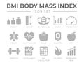 BMI Body Mass Index Icon Set. Weight, Height, BMI Machine, Graph, Measuring, Health, Heart Disease, Scale, Diabetes, Diet,