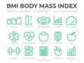 BMI Body Mass Index Outline Icon Set. Weight, Height, BMI Machine, Graph, Measuring, Health, Heart Disease, Scale, Diabetes, Diet