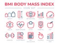 BMI Body Mass Index Outline Icon Set. Weight, Height, BMI Machine, Graph, Measuring, Health, Heart Disease, Scale, Diabetes, Diet