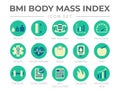 BMI Body Mass Index Round Color Icon Set. Weight, Height, BMI Machine, Graph, Measuring, Health, Heart Disease, Scale, Diabetes,