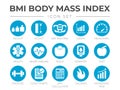 BMI Body Mass Index Round Icon Set of Weight, Height, BMI Machine, Graph, Measuring, Health, Heart Disease, Scale, Diabetes, Diet