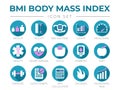 BMI Body Mass Index Round Icon Set of Weight, Height, BMI Machine, Graph, Measuring, Health, Heart Disease, Scale, Diabetes, Diet