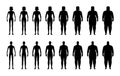 BMI classification chart measurement man and woman black icon set. Male and female Body Mass Index symbol collection