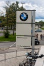 BMW (Bayerische Motoren Werke) Headquarters, sign board and logo at the museum