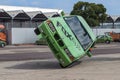 BMW car rides sideways on two wheels, at an auto show in the city of Halle Saale, Germany, 04.082019