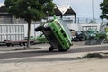 BMW car rides sideways on two wheels, at an auto show in the city of Halle Saale, Germany, 04.082019