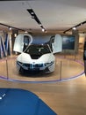 BMW i8, front view with open doors, isolated, white on display at Welt Royalty Free Stock Photo