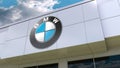 BMW logo on the modern building facade. Editorial 3D rendering Royalty Free Stock Photo