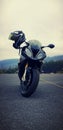 BMW S1000rr Motorcycle in misty forest carpark Royalty Free Stock Photo