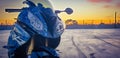 BMW S1000rr Motorcycle in empty carpark at sunset Royalty Free Stock Photo