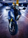 BMW S1000rr Motorcycle in multilevel carpark at night Royalty Free Stock Photo