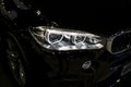BMW X6M 2017. Headlight of a modern sport car. Front view of luxury sport car. Car exterior details.