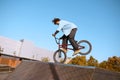 Bmx biker doing trick on ramp in skatepark Royalty Free Stock Photo