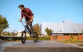 Bmx biker doing trick,teenager in skatepark Royalty Free Stock Photo