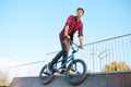 Bmx biker doing trick,teenager in skatepark Royalty Free Stock Photo