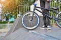 BMX biker in the extreme skating park. Royalty Free Stock Photo