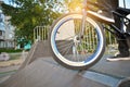 BMX biker in the extreme skating park. Royalty Free Stock Photo