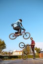 Bmx biker, jump in action, training in skatepark Royalty Free Stock Photo