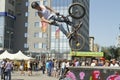 BMX cyclist performs a stunt jump