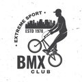 Bmx extreme sport club badge. Vector. Concept for shirt, logo, print, stamp, tee with man ride on a sport bicycle Royalty Free Stock Photo