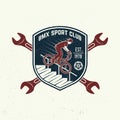 Bmx extreme sport club badge. Vector. Concept for shirt, logo, print, stamp, tee with man ride on a sport bicycle Royalty Free Stock Photo