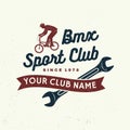 Bmx extreme sport club badge. Vector. Concept for shirt, logo, print, stamp, tee with man ride on a sport bicycle Royalty Free Stock Photo